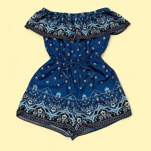 Blue Off-Shoulder Floral Boho Romper